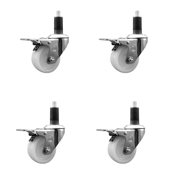 3'' SS Nylon Swivel 1-1/4'' Expanding Stem Caster Set Total Lock Brake, 4PK